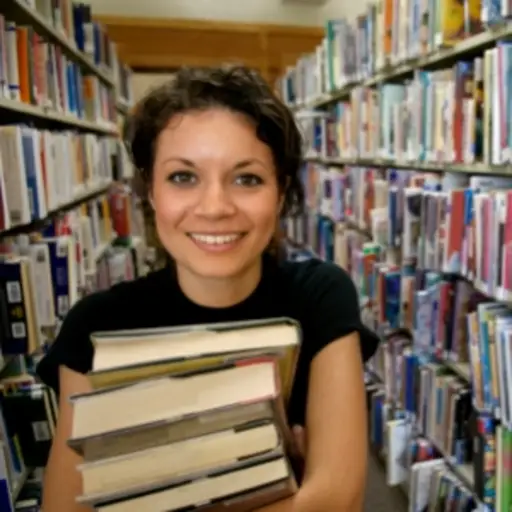 Young woman holding books in library.