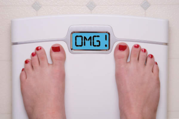 Woman on scale overweight concept.