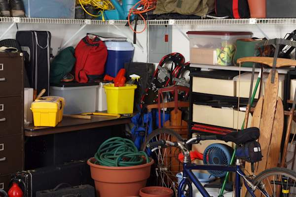 Cluttered garage.