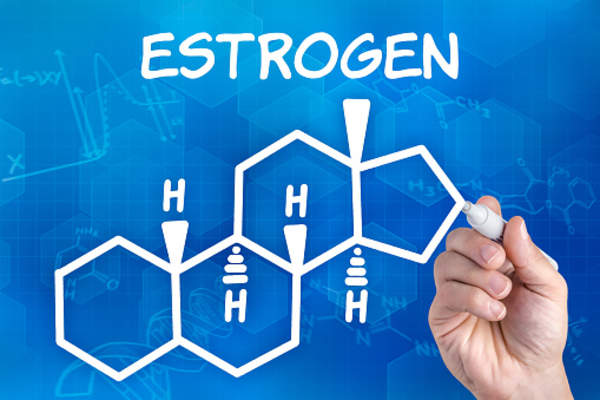Hand with pen drawing the chemical formula of Estrogen