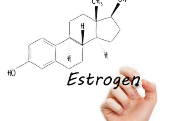 Hand drawn estrogen molecule with hand writing out estrogen.