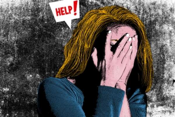 Rendering of woman covering face asking for help