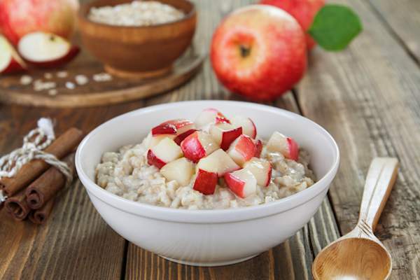 Apple chunks in oatmeal.
