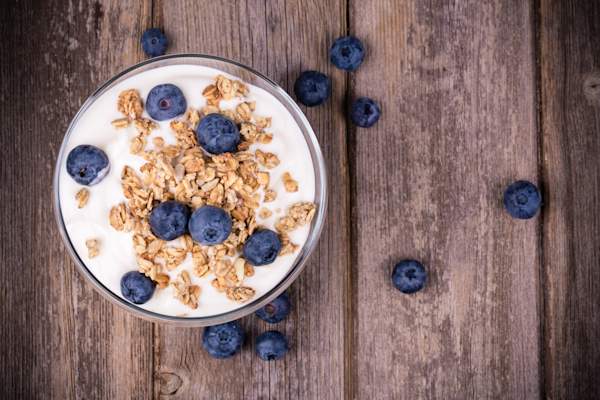Yogurt with blueberries and granola.