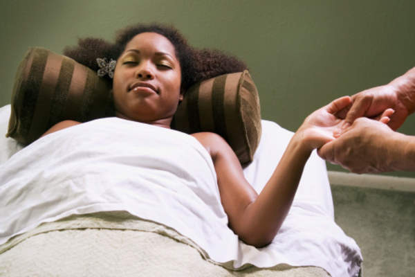 Woman relaxing lying down.