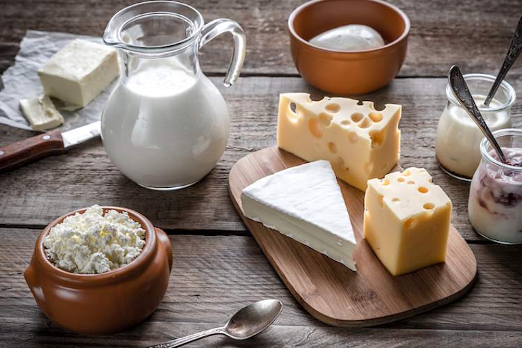 Dairy products on rustic table.
