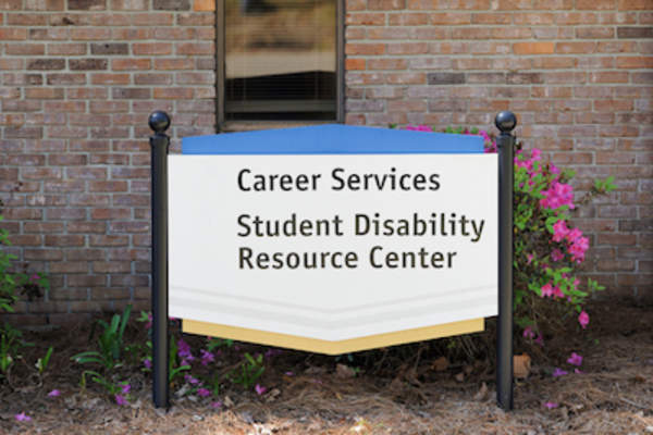Career services and student disability resource center sign.