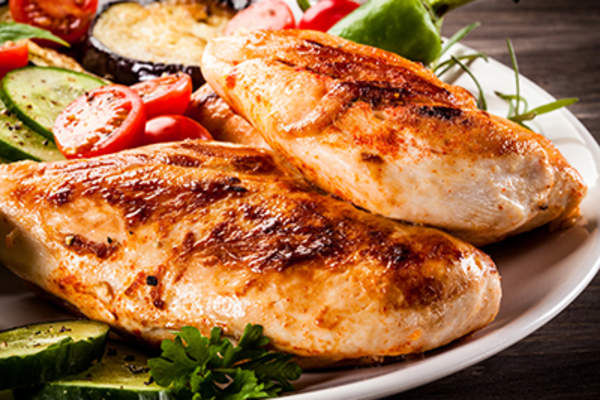 Chicken and roasted vegetables.