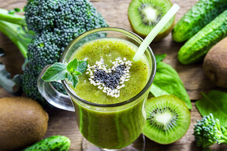 Smoothie made with green fruits and vegetables.