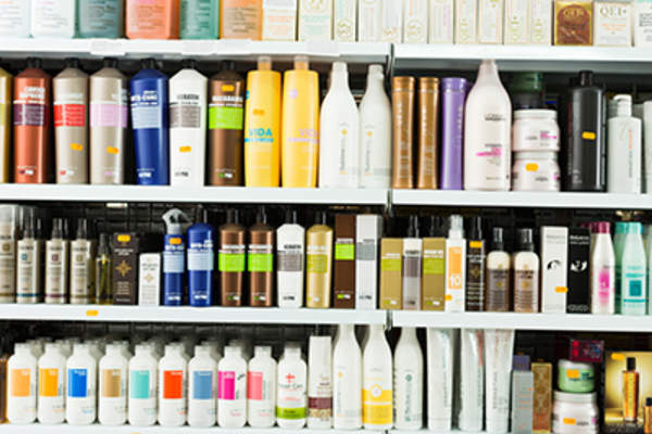 Hair care products in a store.