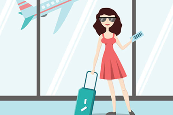 Cartoon woman traveling in airport with luggage and airplane.