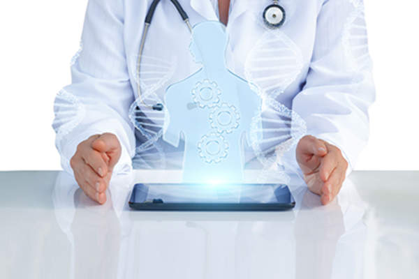 Doctor with laptop, genetic counseling concept.