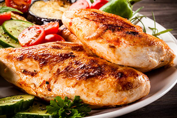 Chicken and roasted vegetables.