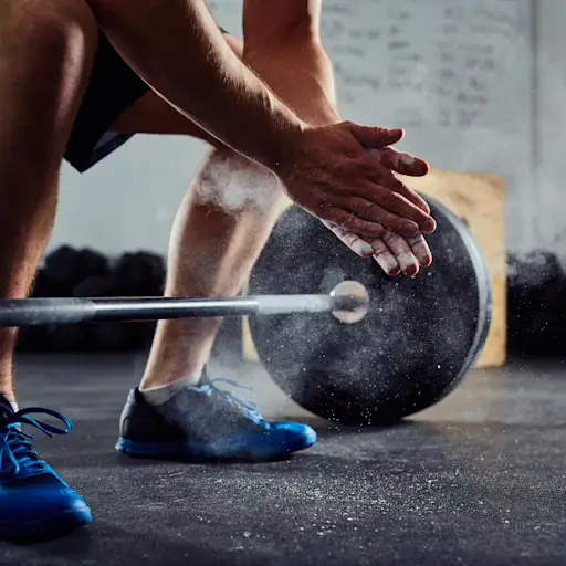 Closeup of weightlifter clapping hands before barbell workout.
