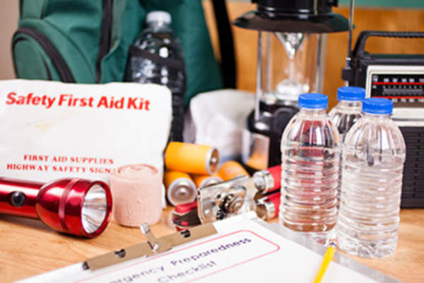 Emergency preparedness checklist and natural disaster supplies.
