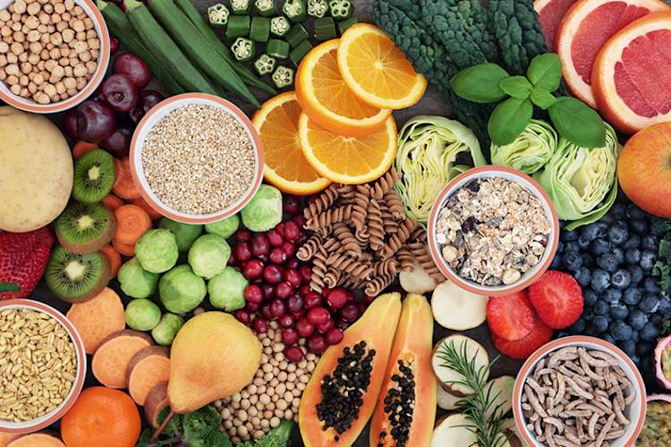 Foods high in complex carbohydrates, fruits, vegetables, whole grains.