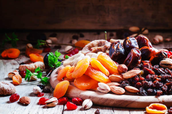 Dried apricots, dates, raisins and various nuts.