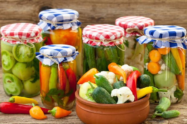 Pickled vegetables in jars.