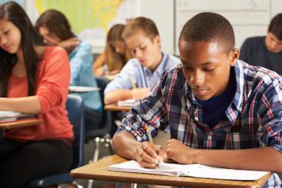 Students working in a classroom.