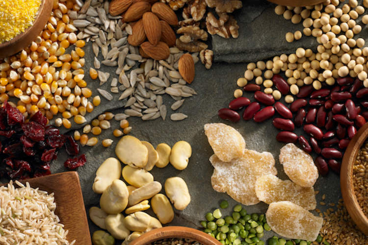 A collection of nuts, beans, and other gluten-free foods.
