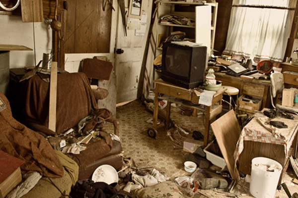 Cluttered room of a hoarder.