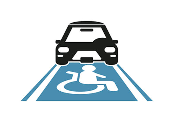 Cartoon disabled parking symbol and car.