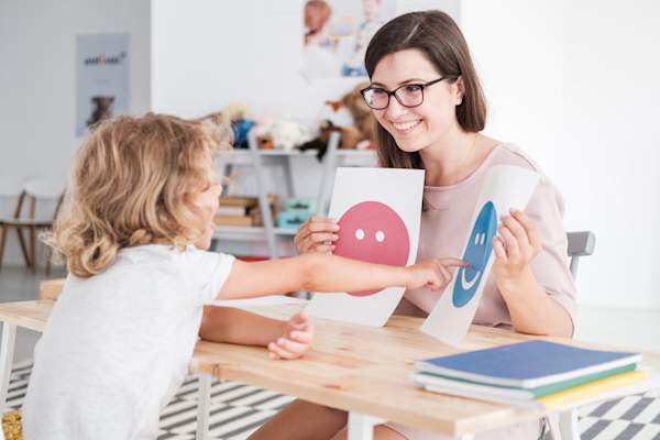 Therapist working with child to identify emotions.