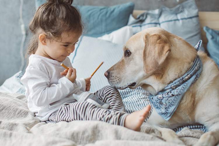 Happy little girl sitting on her bed with her pet dog.