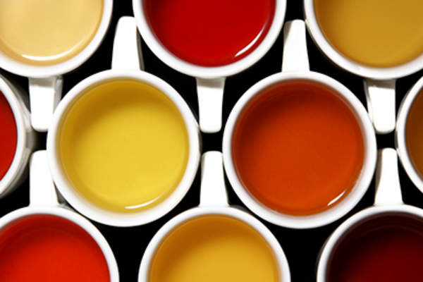 Various teas in mugs.