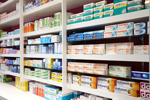 View on shelves in the sales room of a pharmacy