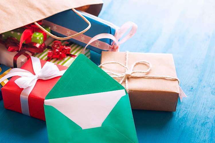 Gifts spilling out of a bag.