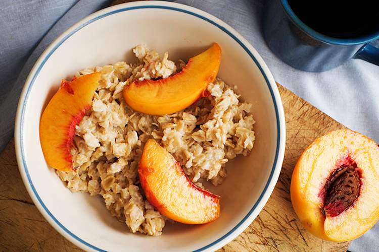 Peaches in oatmeal.