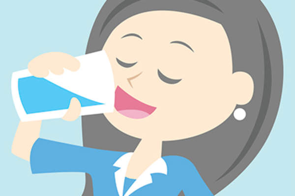 Cartoon woman drinking water.