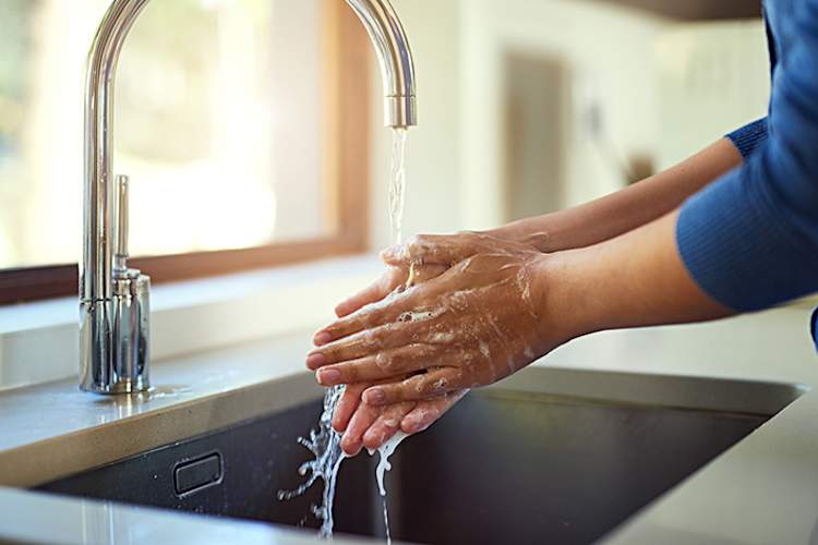 Woman washing hands in kitchen sink.
