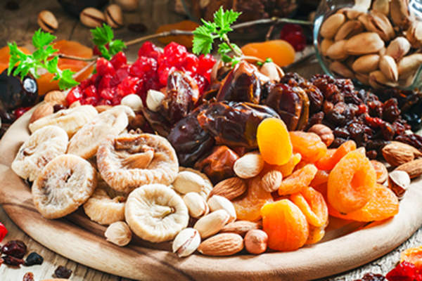 Various dried fruits and nuts.