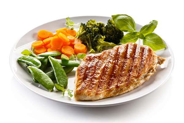 Chicken and vegetables on a plate.