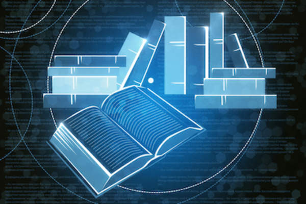 Digitized books, virtual library concept.