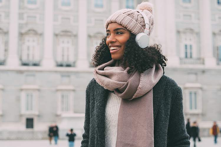 Woman walking outdoors in winter.