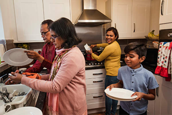 Family doing dinner dishes.