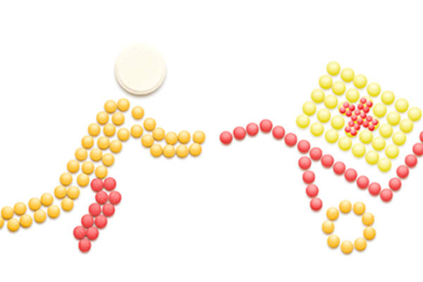 Figure pushing medicine cart, pills concept.