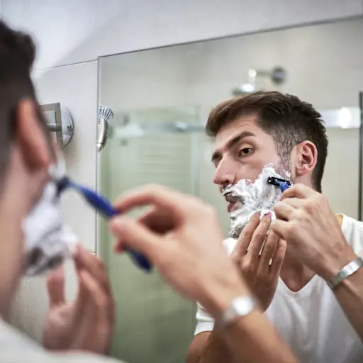 Man shaving face while looking in the mirror.