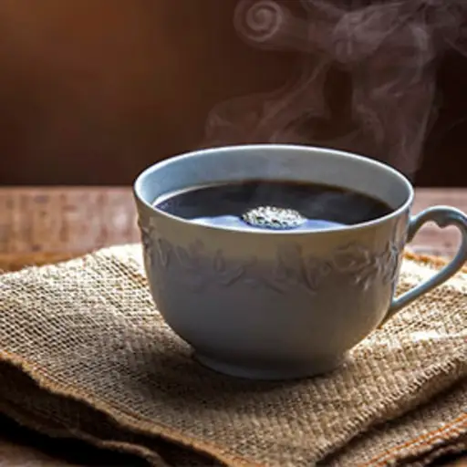 Steaming cup of hot coffee on napkin.