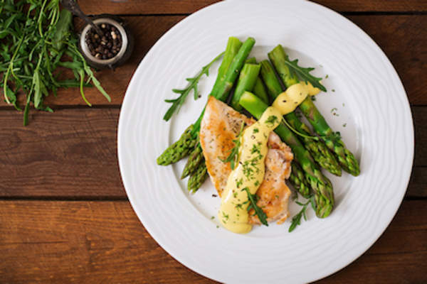 Chicken breast and asparagus.