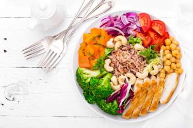 Plate of healthy food as part of a weight loss program to manage diabetes.
