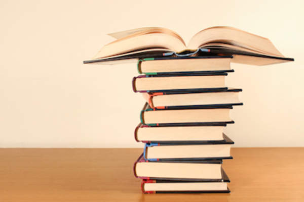 Stack of books in a series, top book open.