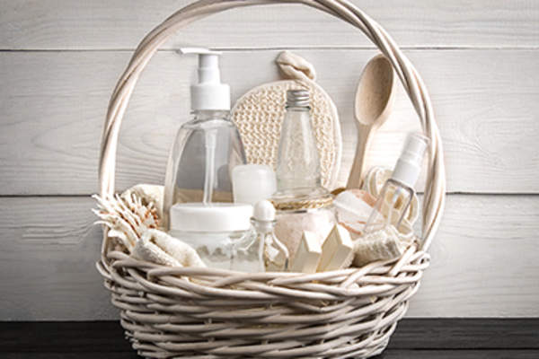 Skin care products in a basket.