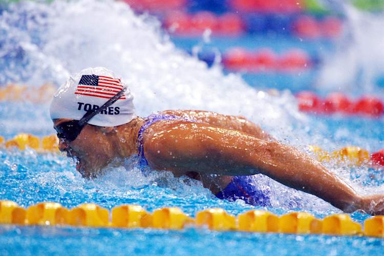 Darra Torres of the USA in action in the Women's 100m Butterfly Heats at the Sydney International Aquatic Centre during Day One of the Sydney 2000 Olympic Games in Sydney, Australia.