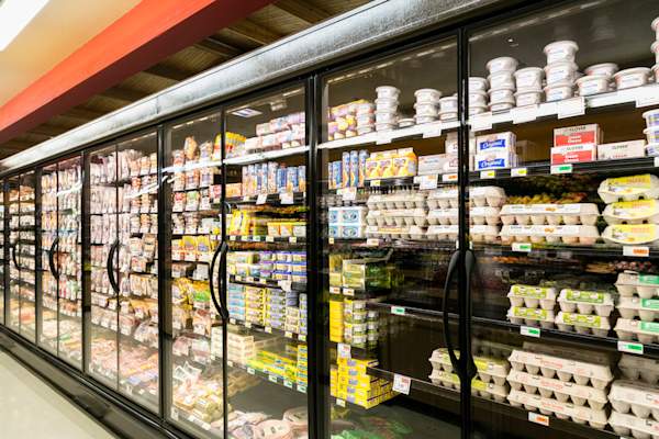 Eggs in grocery store dairy case.