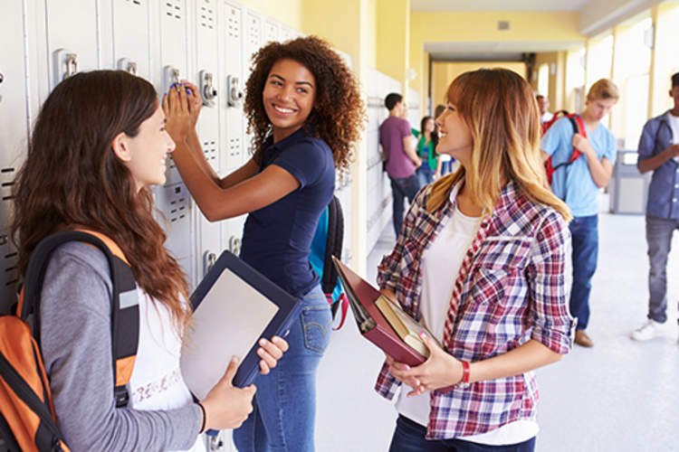 Group Of Female High School Students Talking By Lockers