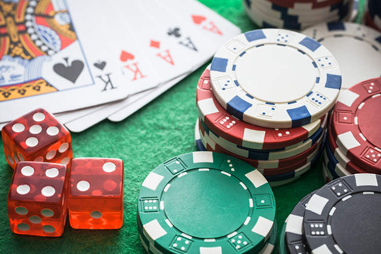Playing cards, dice, and casino chips.